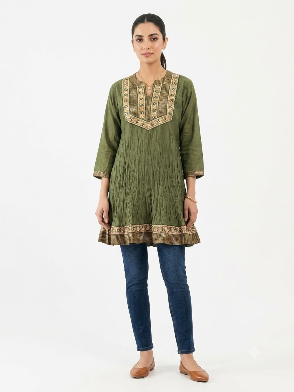 Embellished Green Tunic Top Size XL Indian Style Sequined Neckline V-Neck Detail